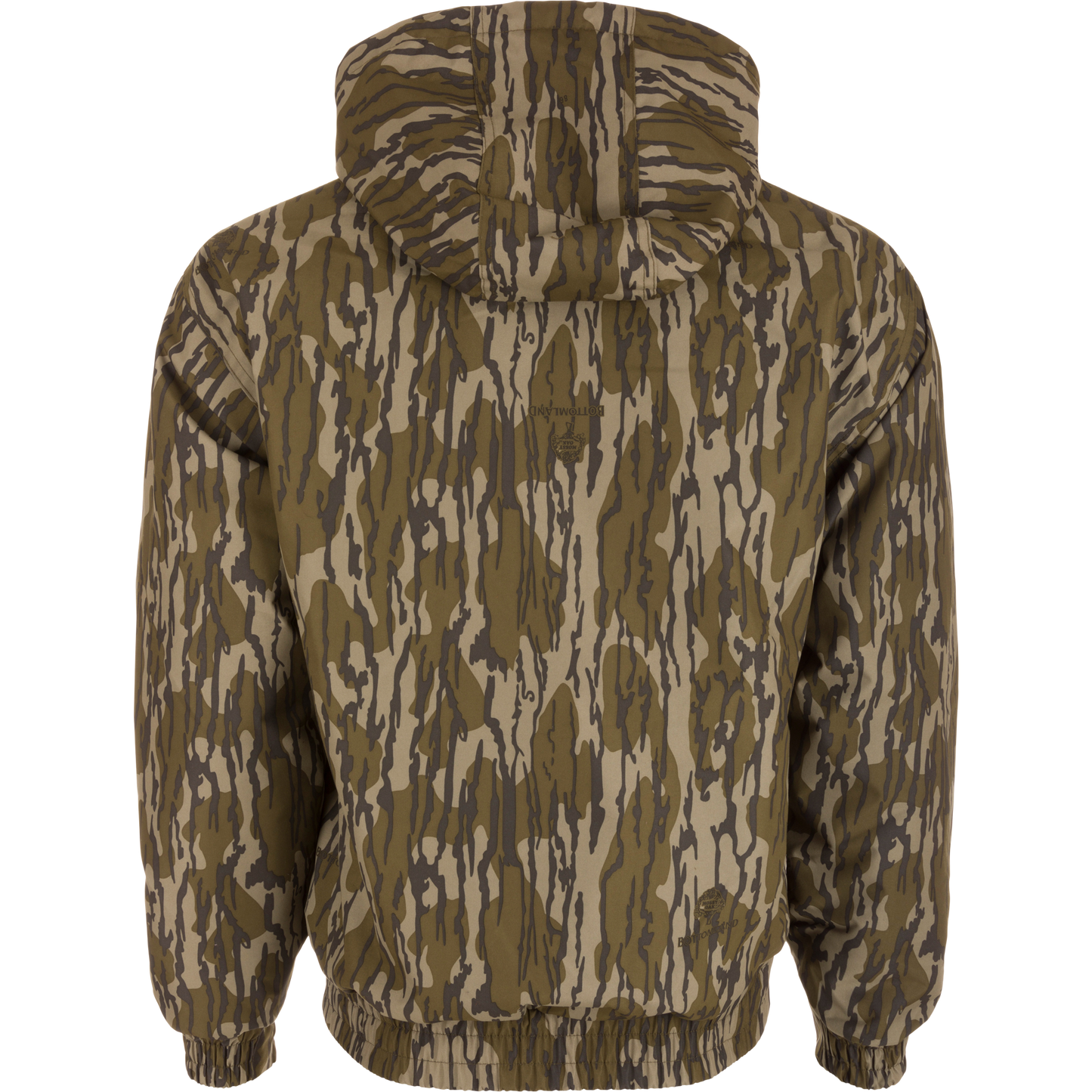 MST Waterproof Full Zip Jacket w/ Hood featuring a camouflage pattern, elastic cuffs, drawstring hood, and lower slash pockets for hunting in varied conditions.