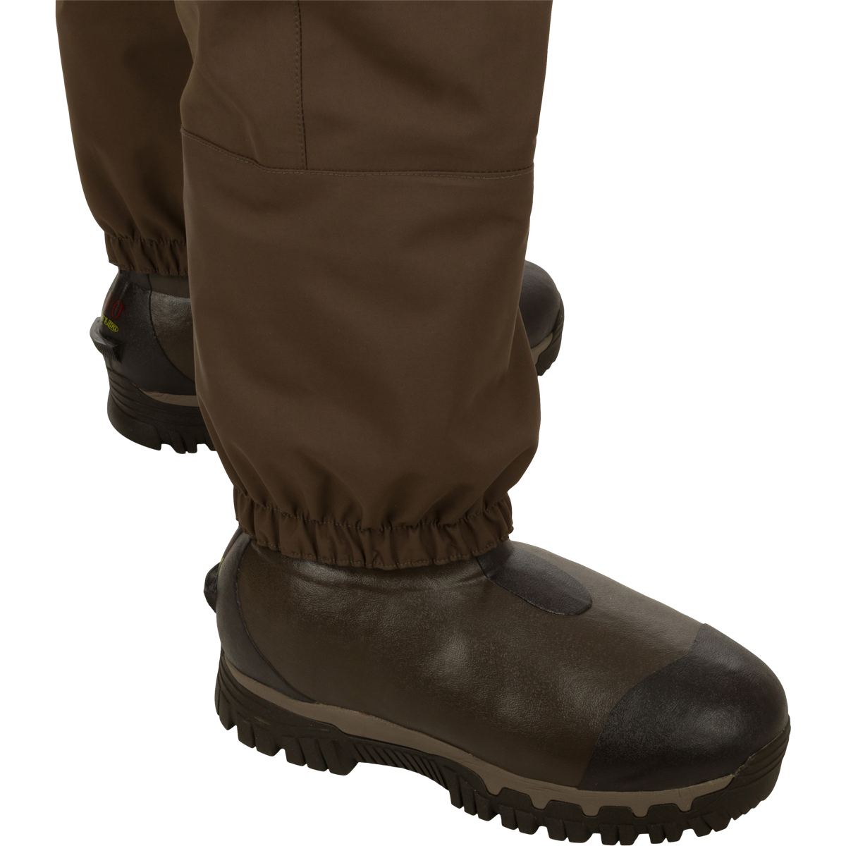 Insulated Guardian Elite HND Front Zip Wader with durable, waterproof Guardian Elite fabrics and reinforced seams, featuring a close-up of the brown Thinsulate-lined boot.