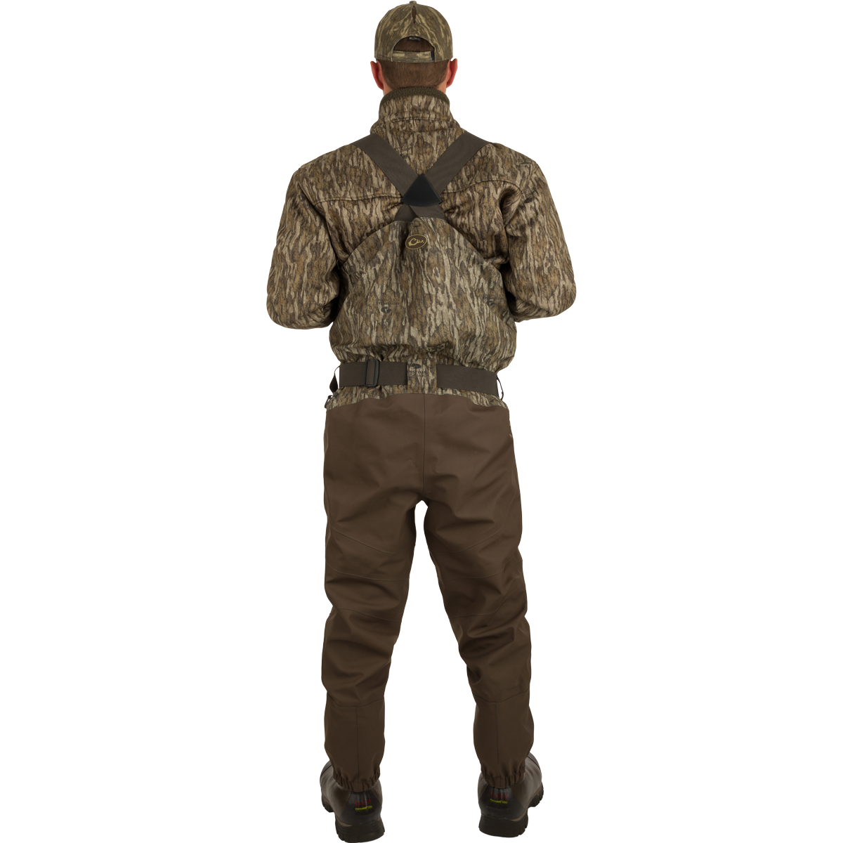 Man wearing the Insulated Guardian Elite HND Front Zip Wader in camouflage, showcasing its durable, waterproof, and insulated design for cold weather hunting.