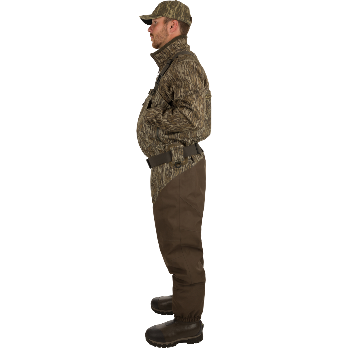 Man wearing Insulated Guardian Elite HND Front Zip Wader in camouflage, showcasing waterproof, breathable fabric, reinforced seams, and Thinsulate® boot lining for hunting durability and comfort.