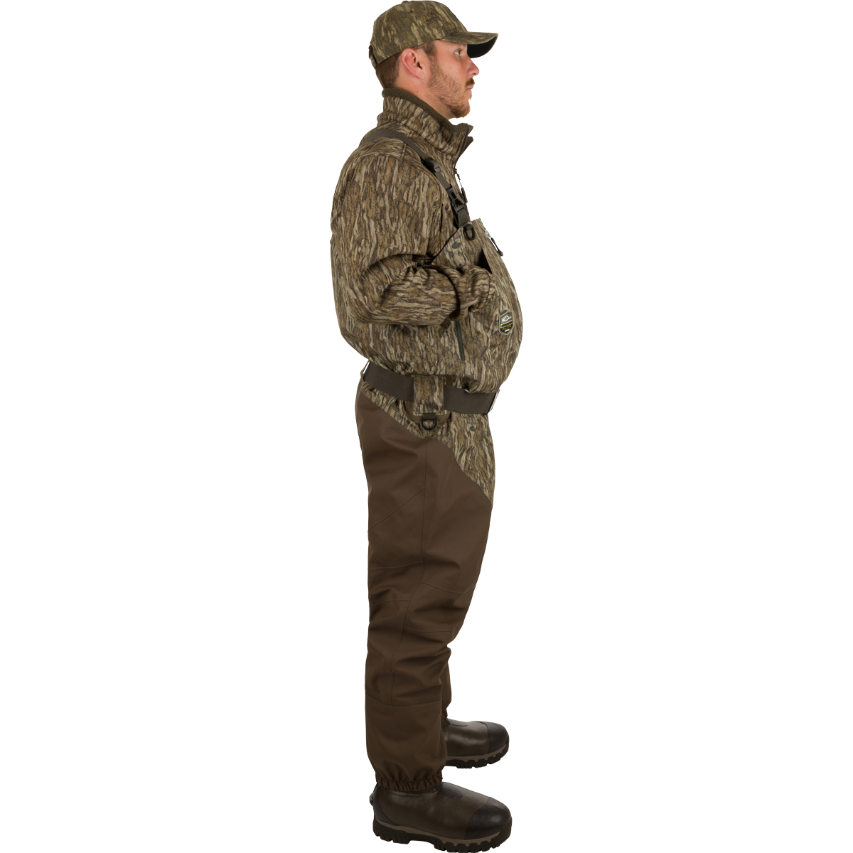 Man wearing Insulated Guardian Elite HND Front Zip Wader with camouflage pattern, reinforced seams, and Thinsulate® boots for warmth and durability, ideal for hunting in cold weather.