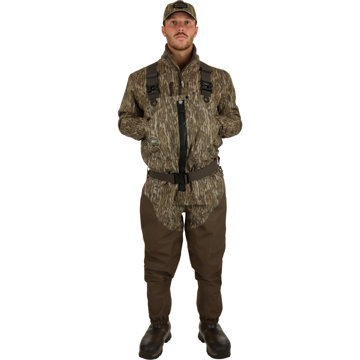 Man wearing the Insulated Guardian Elite HND Front Zip Wader in camouflage, showcasing its durable, waterproof, and insulated design for hunting.