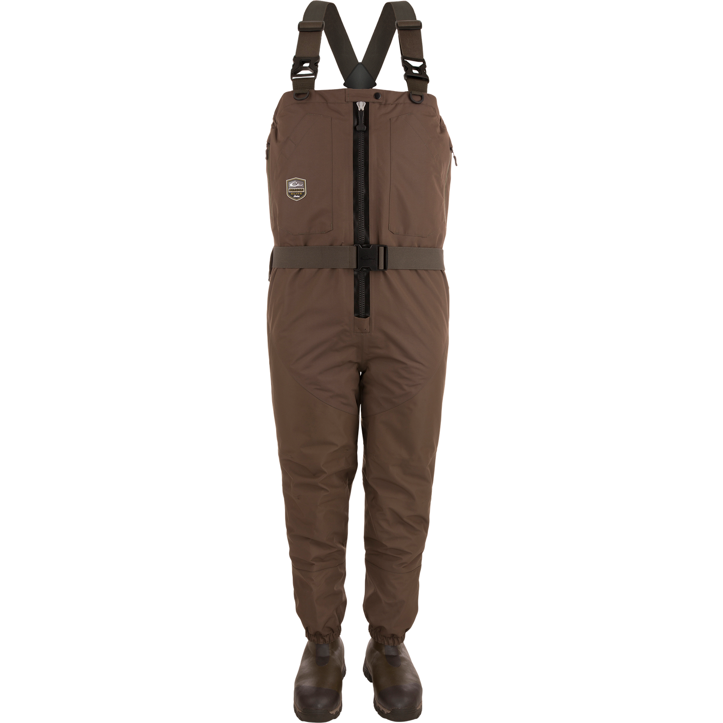 Insulated Guardian Elite HND Front Zip Wader with straps and reinforced boots, featuring a TiZIP® MasterSeal vertical zipper and Thinsulate® boot lining for warmth and durability.