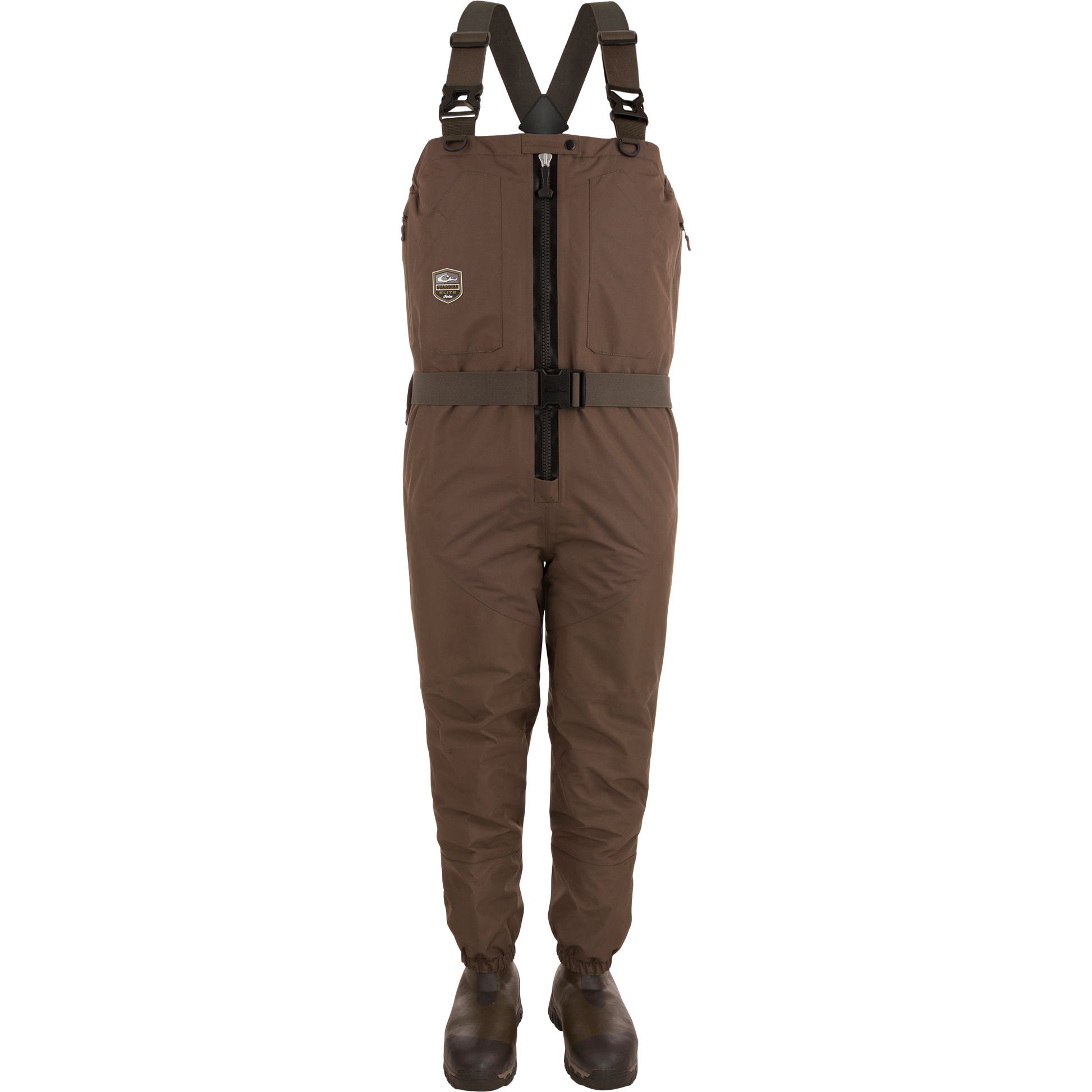 Insulated Guardian Elite HND Front Zip Wader with straps and reinforced boots, featuring a TiZIP® MasterSeal vertical zipper and Thinsulate® boot lining for warmth and durability.
