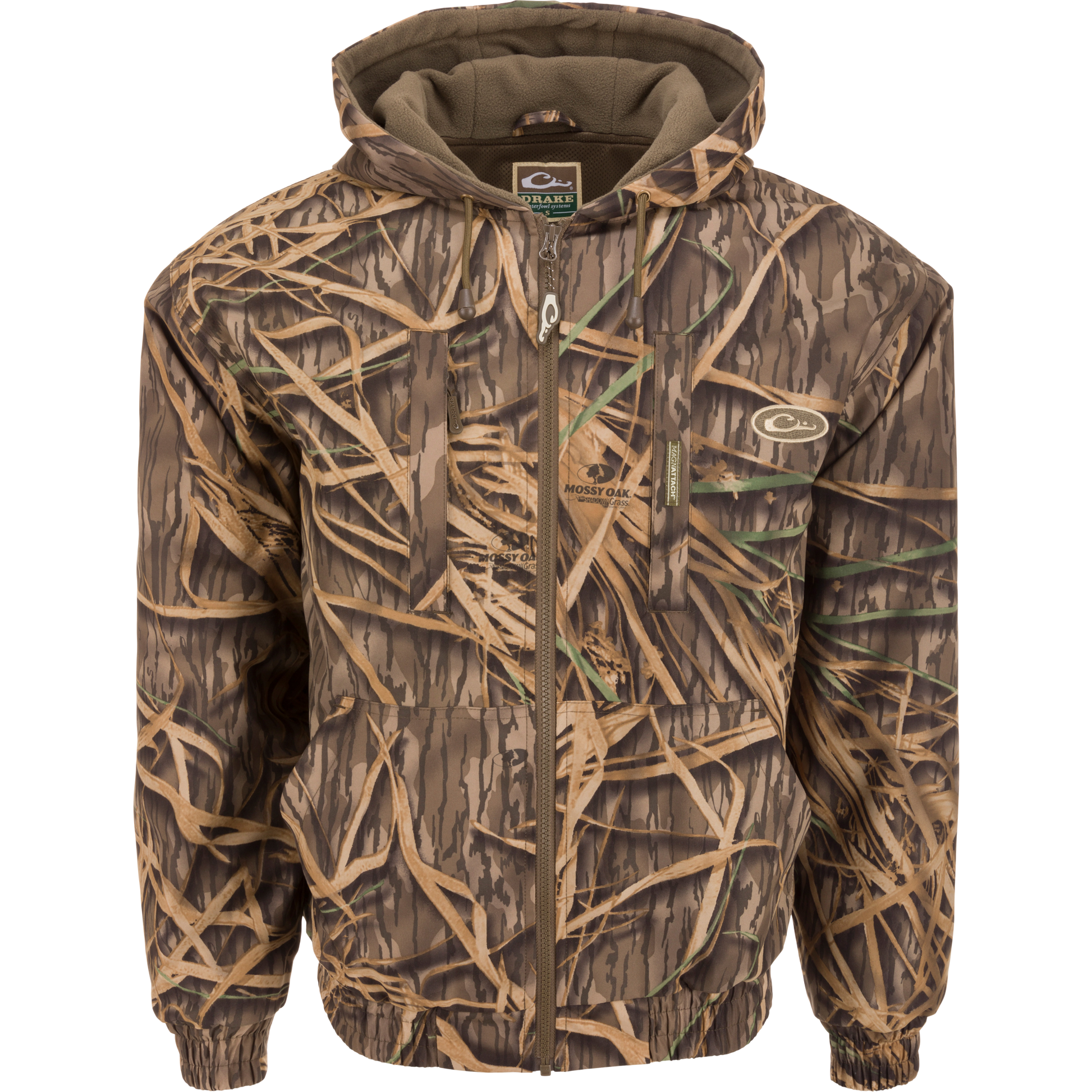 Alt text: MST Waterproof Full Zip Jacket w/ Hood featuring a camouflage design, elastic cuffs, drawstring hood, and multiple secure pockets.
