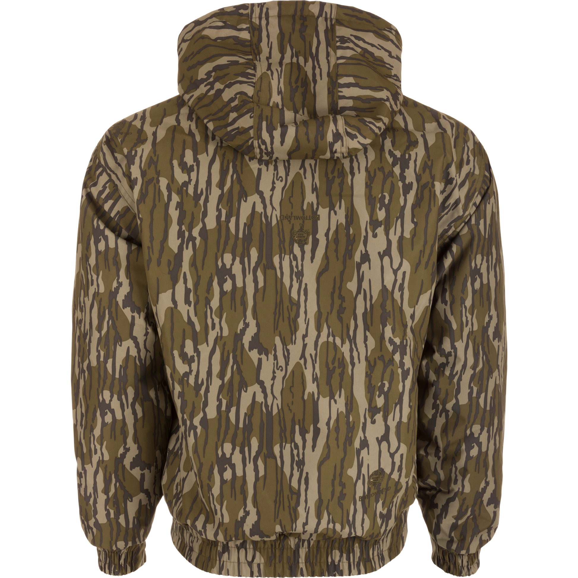 MST Waterproof Full Zip Jacket w/ Hood featuring a camouflage pattern, elastic cuffs, drawstring hood, and lower slash pockets for hunting in varied conditions.